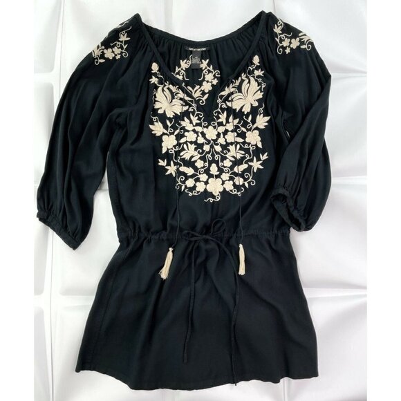Lucky Brand Sz XS Black Floral Embroidered Tassel Drawstring Tunic Dress Peasant - Picture 1 of 11